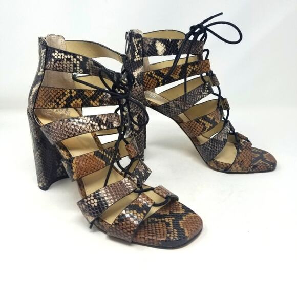 Vince Camuto NEW Block Heel Snake Sandals Black and Brown Zipper Back Size 9 1/2 - Picture 1 of 12